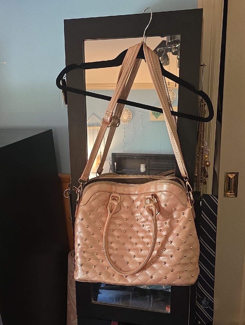 Quilted Metallic Pink Satchel Bag with Stud Detailing